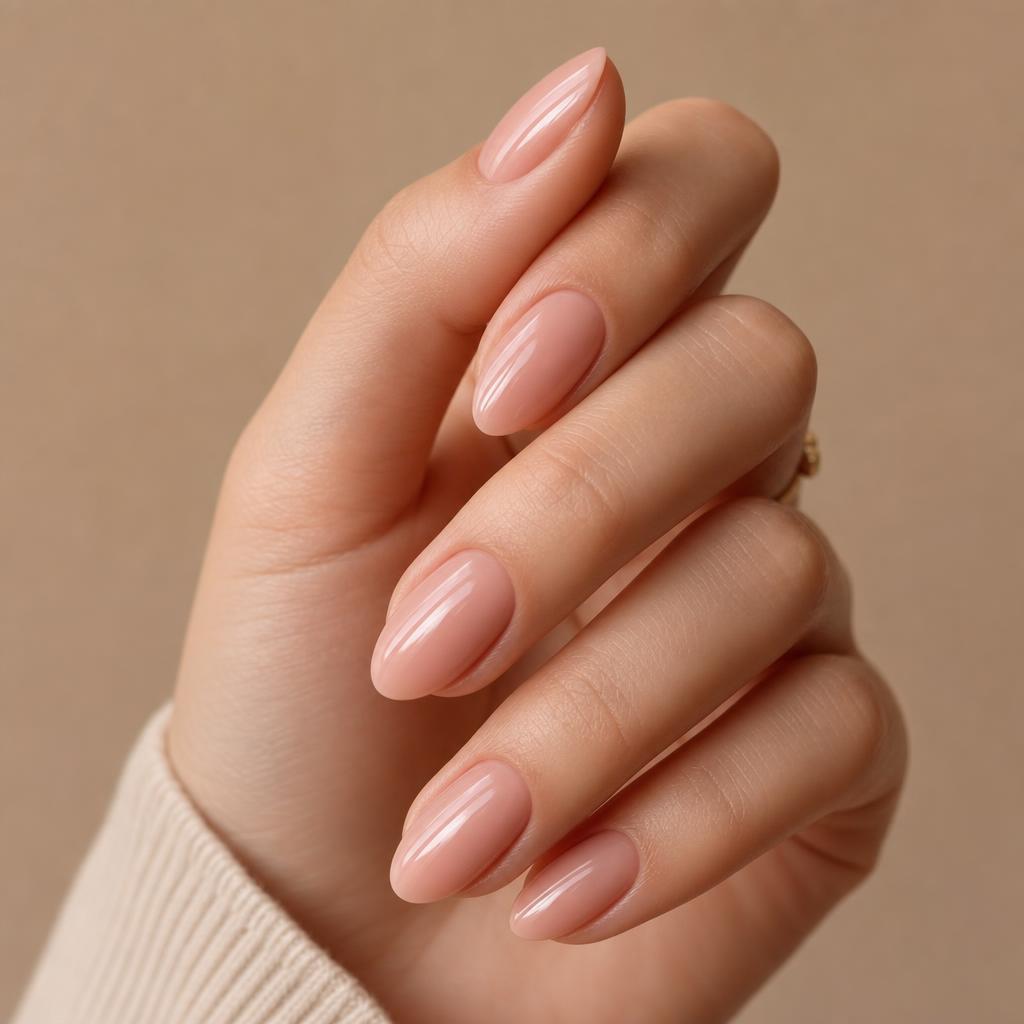 Mão com unha impecável depois do tratamento, esmaltação nude e acabamento perfeito